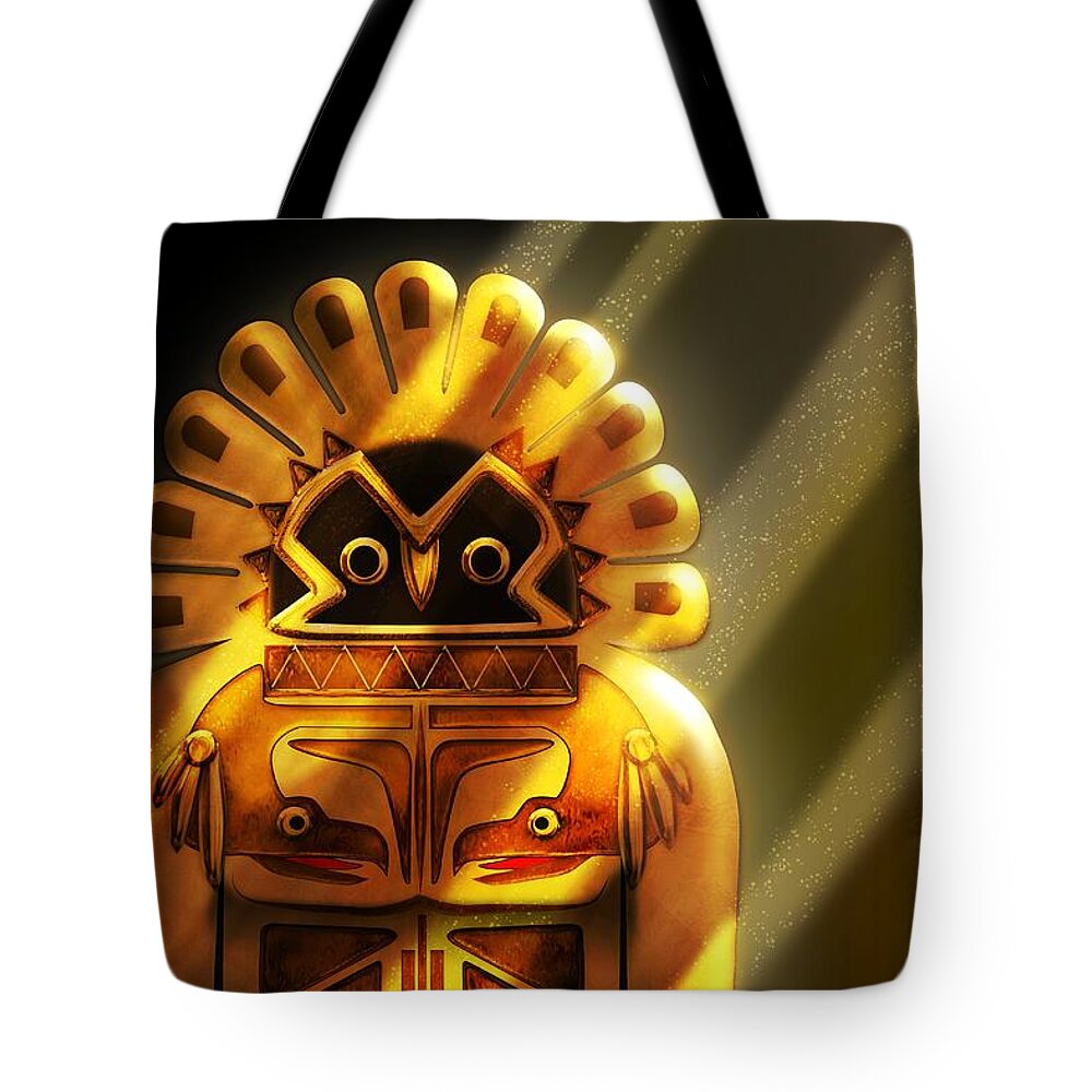 Native American Art Tote Bag featuring the digital art Native American Hawk Spirit Gold Idol by John Wills