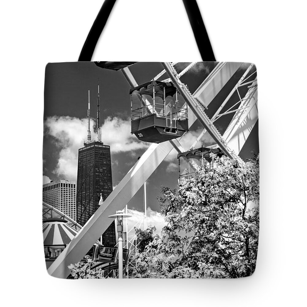 Chicago Tote Bag featuring the photograph Navy Pier Ferris Wheel Black and White by Christopher Arndt