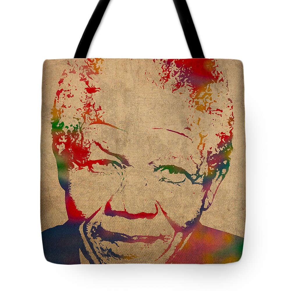 Nelson Tote Bag featuring the mixed media Nelson Mandela Watercolor Portrait on Worn Distressed Canvas by Design Turnpike