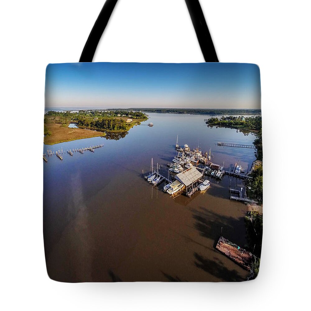 Palm Tote Bag featuring the digital art Nelsons Marina by Michael Thomas