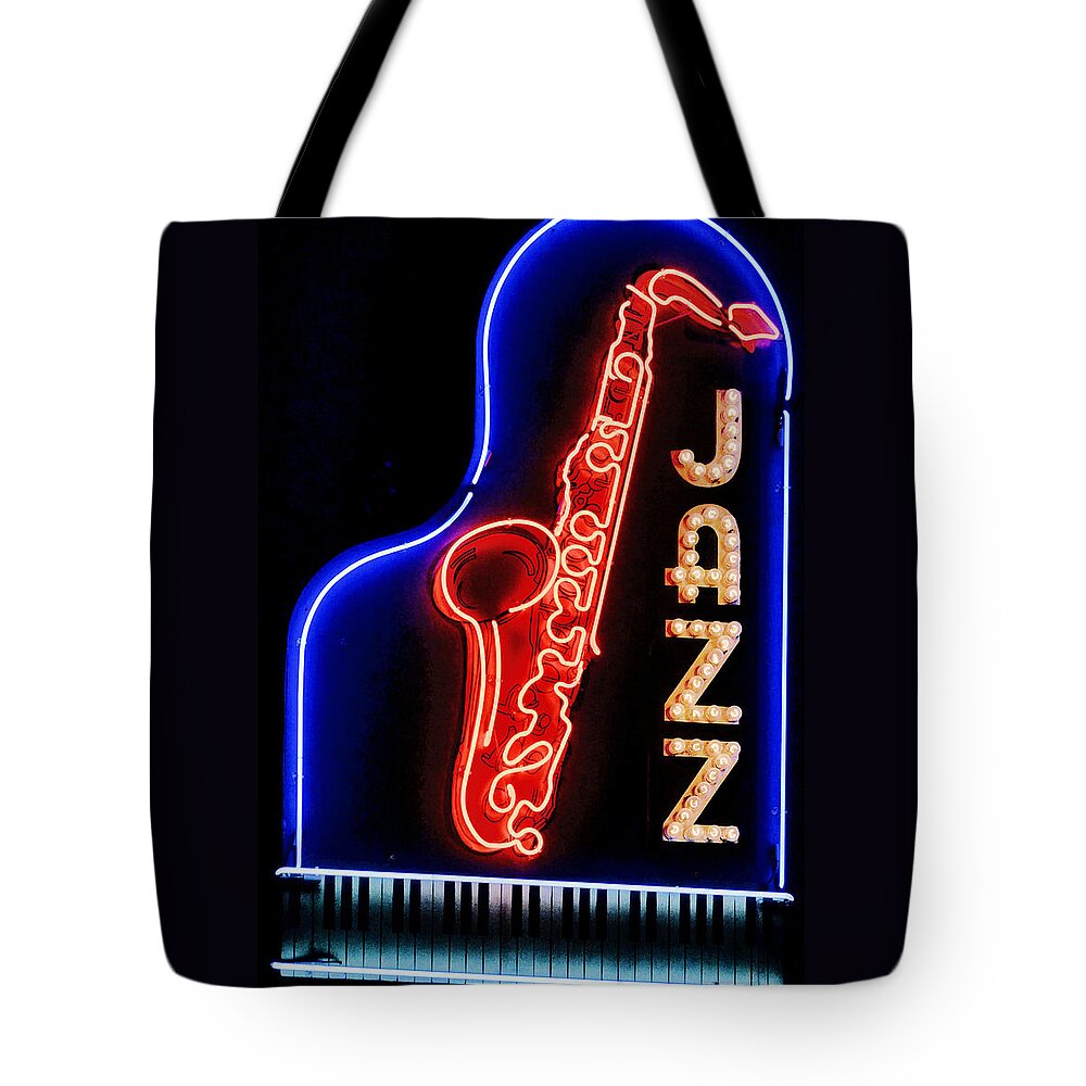 Neon Signs Tote Bag featuring the photograph Neon Jazz by Nadalyn Larsen