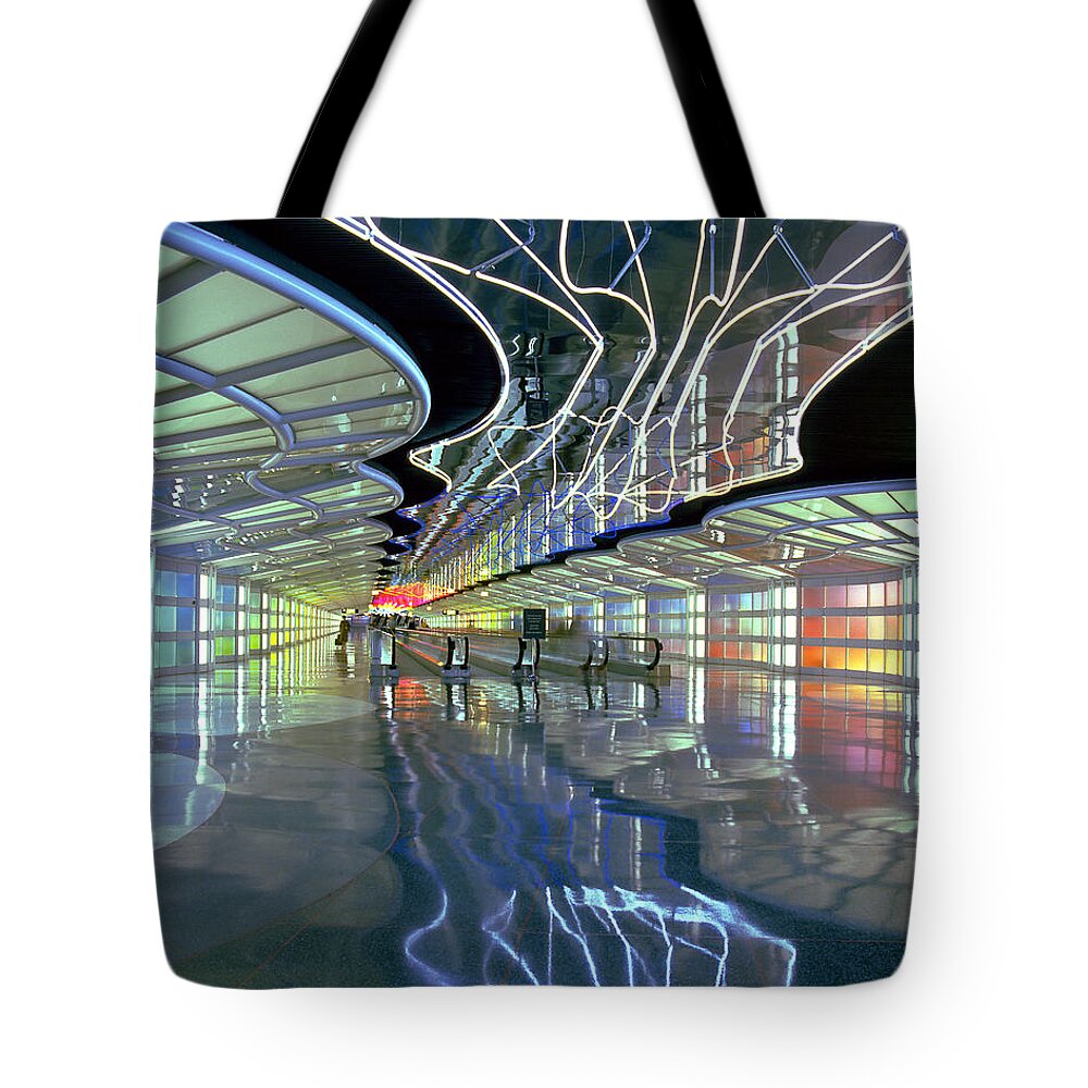 Chicago Tote Bag featuring the photograph Neon Walkway at Ohare by Martin Konopacki