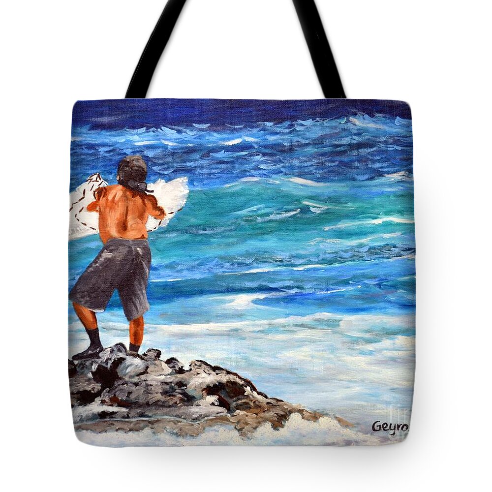 Seascape Tote Bag featuring the painting Net Fishing by Larry Geyrozaga