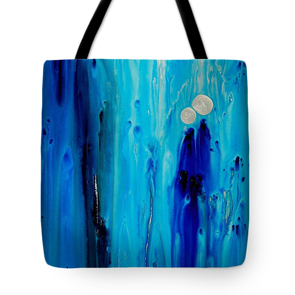 Blue Tote Bag featuring the painting Never Alone By Sharon Cummings by Sharon Cummings