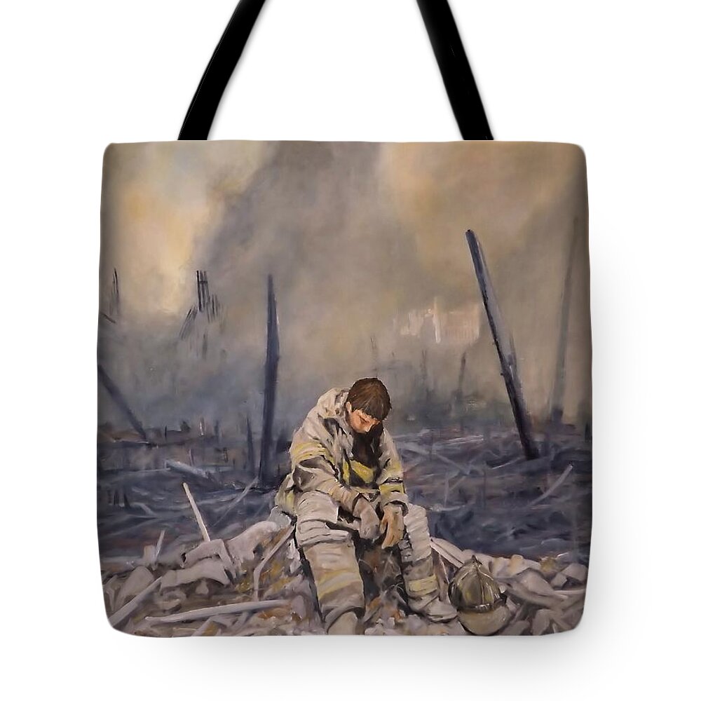 9/11 Ground Zero Tote Bag featuring the painting Never Ever Again by Barry BLAKE