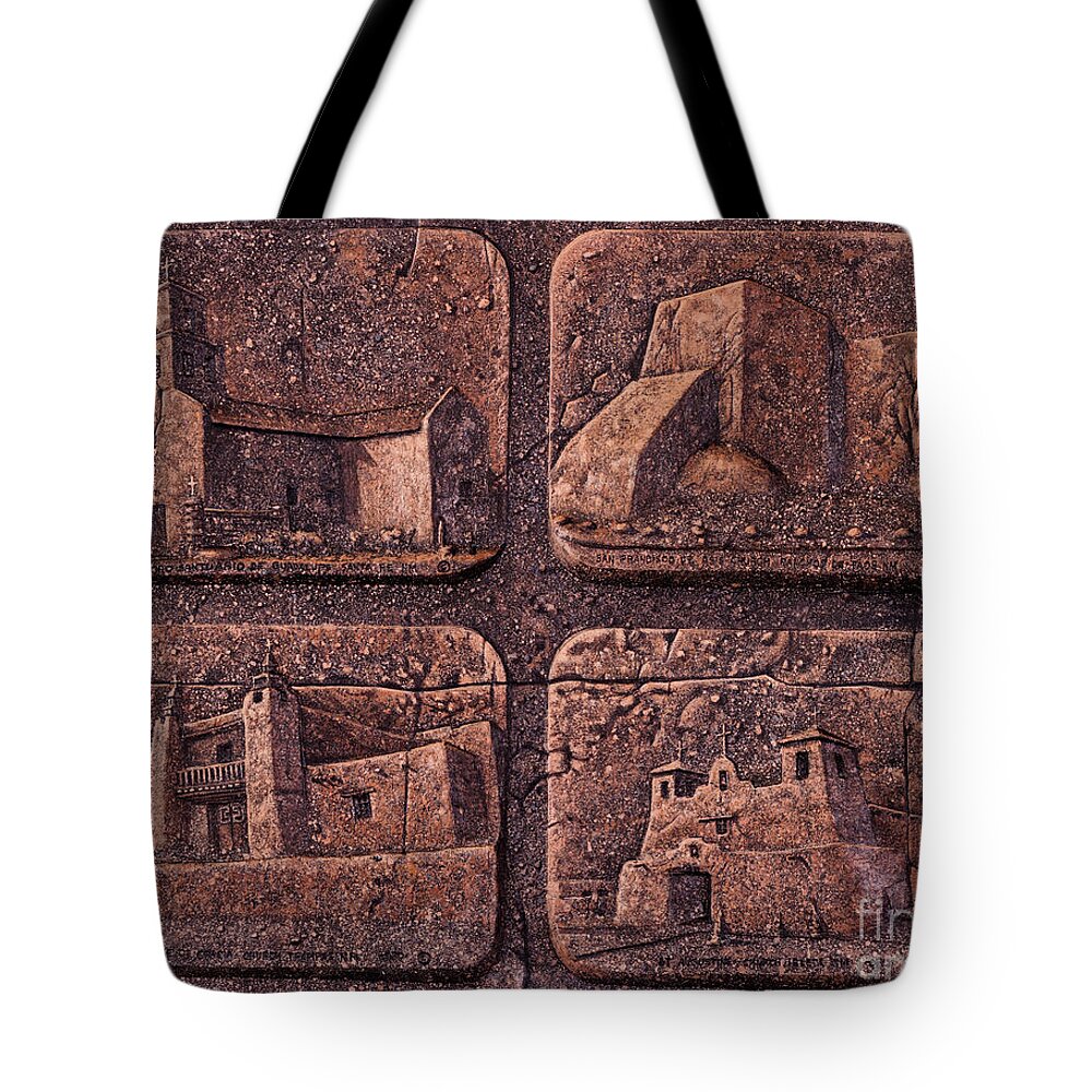Churches Tote Bag featuring the mixed media New Mexico Churches by Ricardo Chavez-Mendez