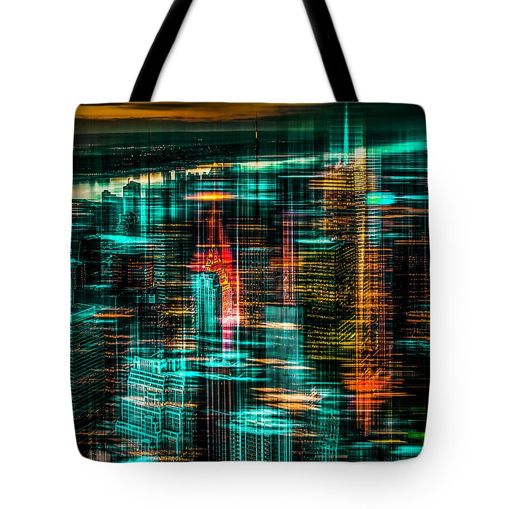 Nyc Tote Bag featuring the photograph New York - the night awakes - green by Hannes Cmarits