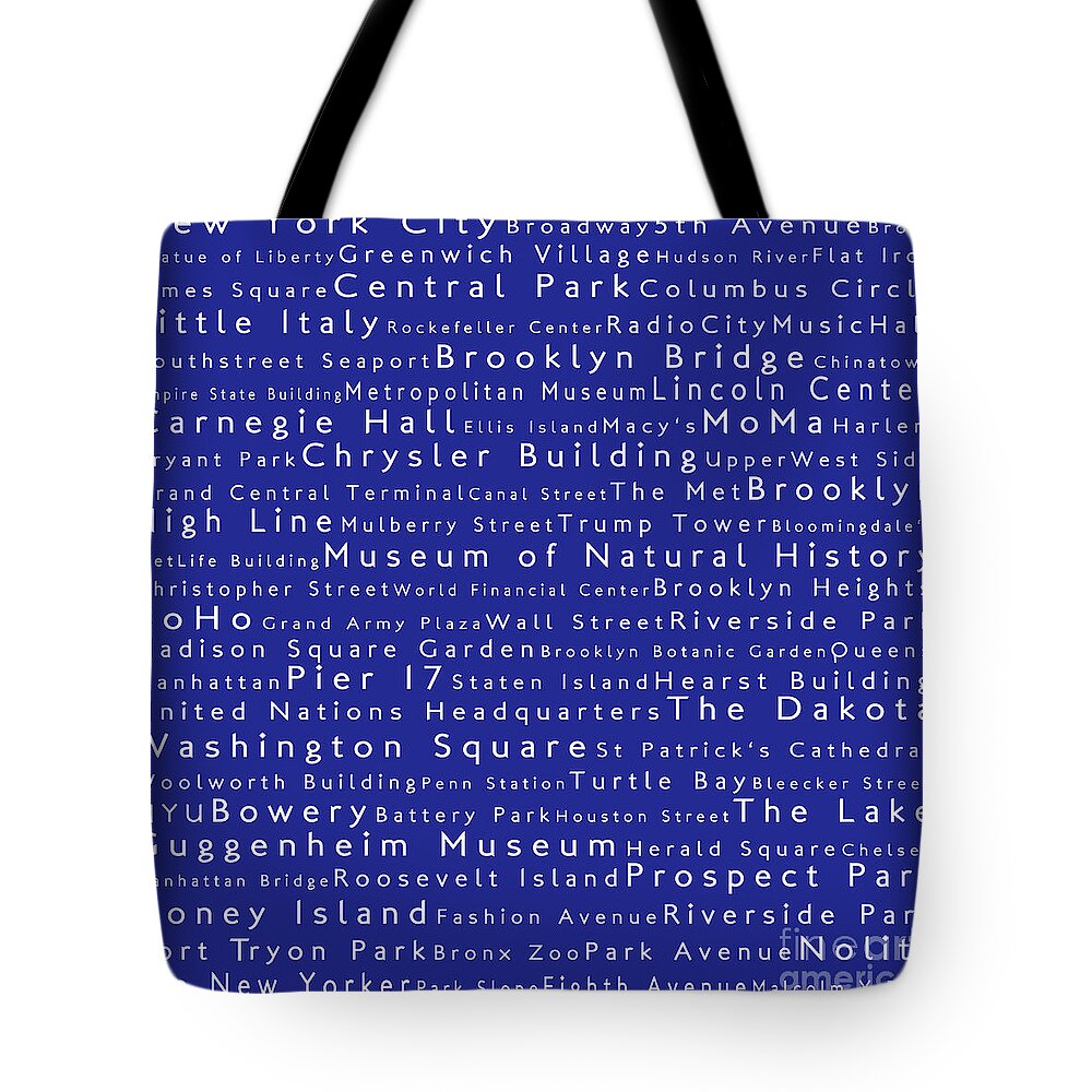 City Tote Bag featuring the photograph New York City in Words Blue by Sabine Jacobs