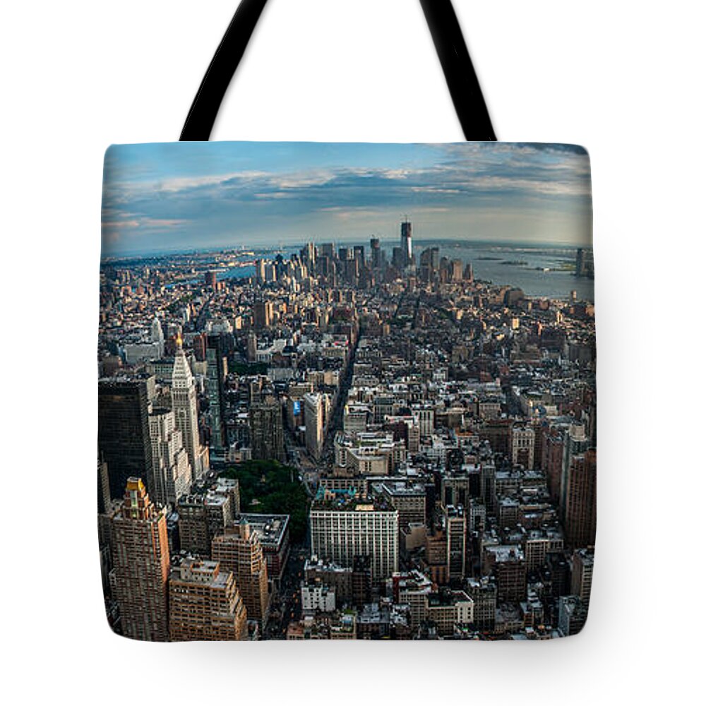 Manhatten Tote Bag featuring the photograph New York from a birds eyes - fisheye by Hannes Cmarits