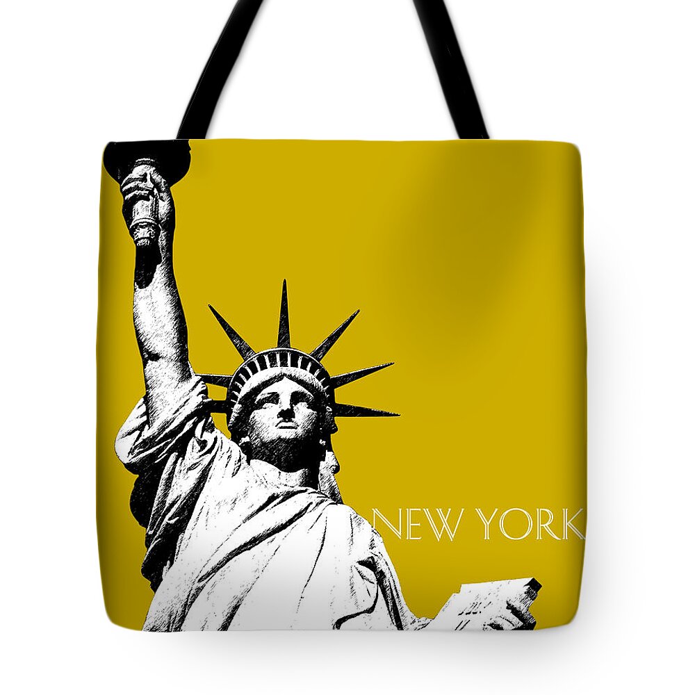 Architecture Tote Bag featuring the digital art New York Skyline Statue of Liberty - Gold by DB Artist