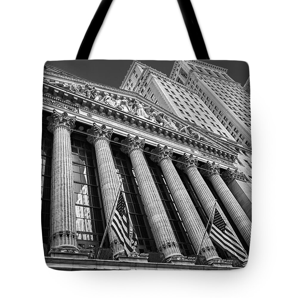 New York Stock Exchange Tote Bag featuring the photograph New York Stock Exchange Wall Street NYSE BW by Susan Candelario