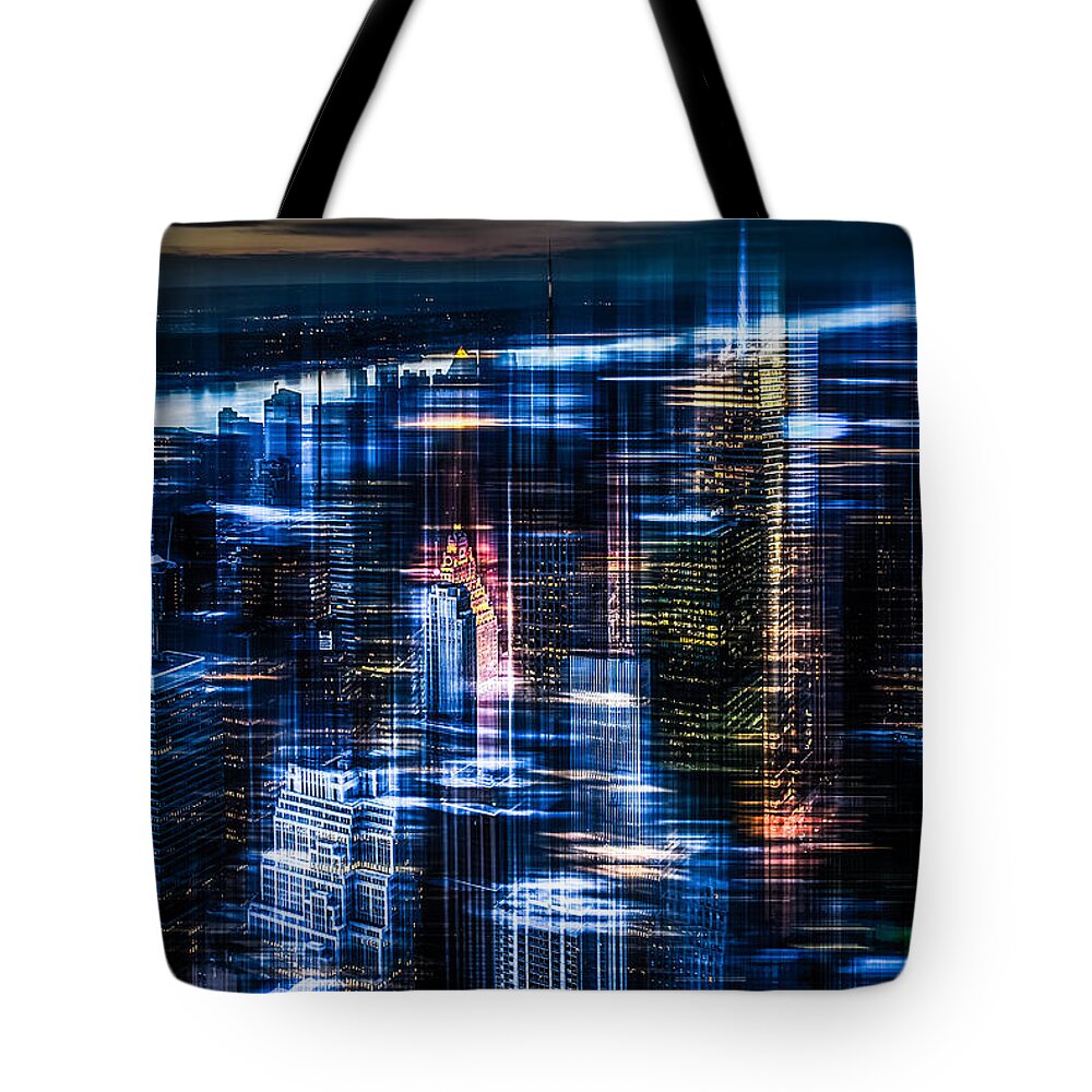 Nyc Tote Bag featuring the photograph New York - the night awakes - blue I by Hannes Cmarits