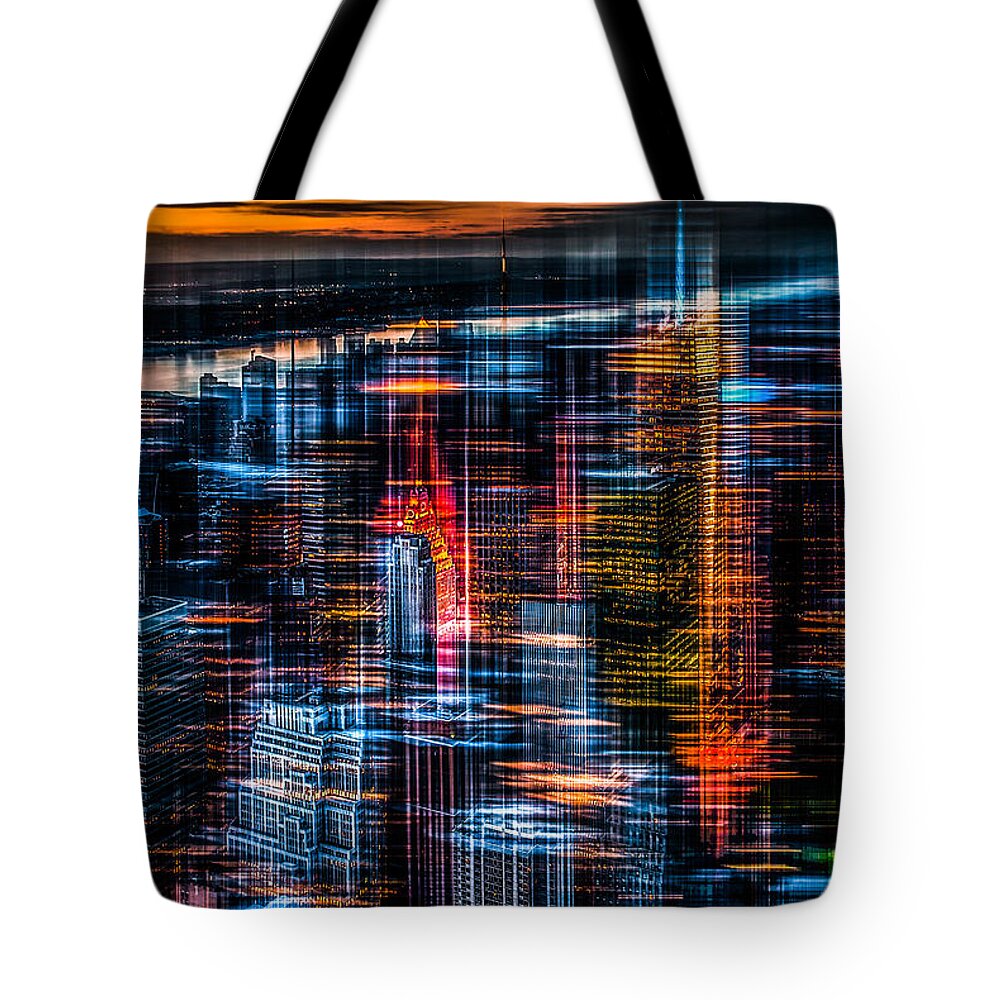 Nyc Tote Bag featuring the photograph New York- the night awakes - orange by Hannes Cmarits