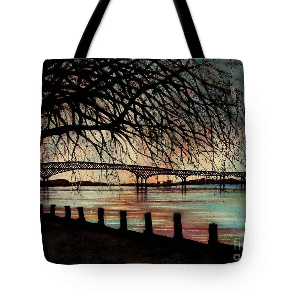 Bridge Tote Bag featuring the painting Newburgh Beacon bridge Sunset by Janine Riley