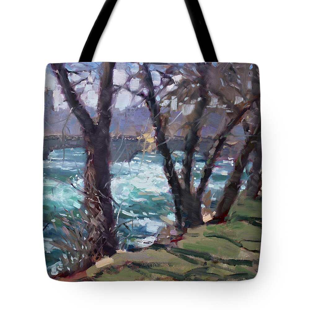 Niagara Falls Tote Bag featuring the painting Niagara Falls River April 2014 by Ylli Haruni