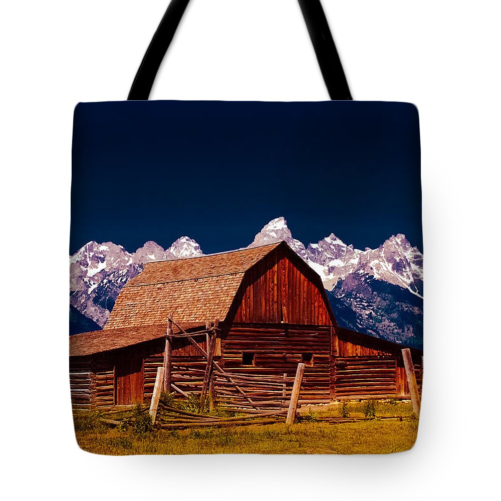 Grand Teton Tote Bag featuring the photograph Night Colors Over the Moulton Barn by Dany Lison