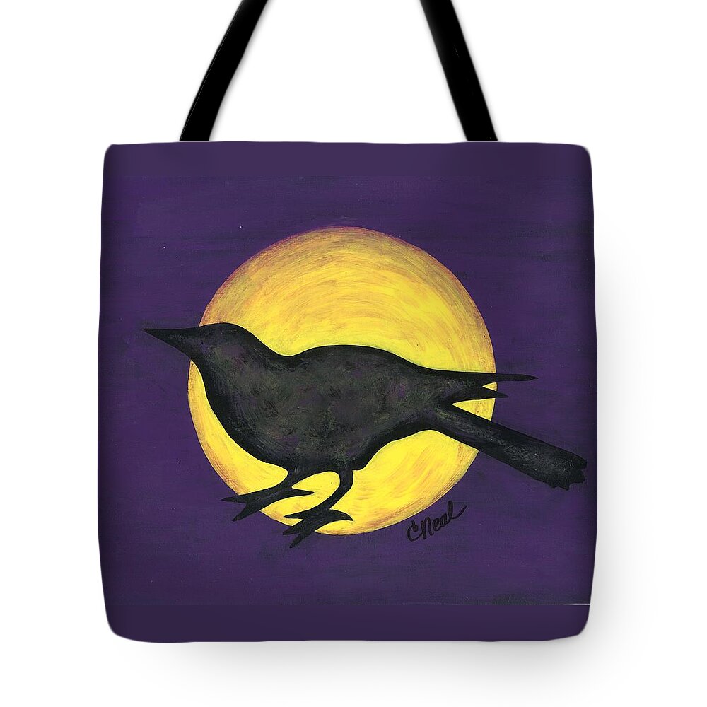 Night Crow On Purple Tote Bag featuring the painting Night Crow on Purple by Carol Neal