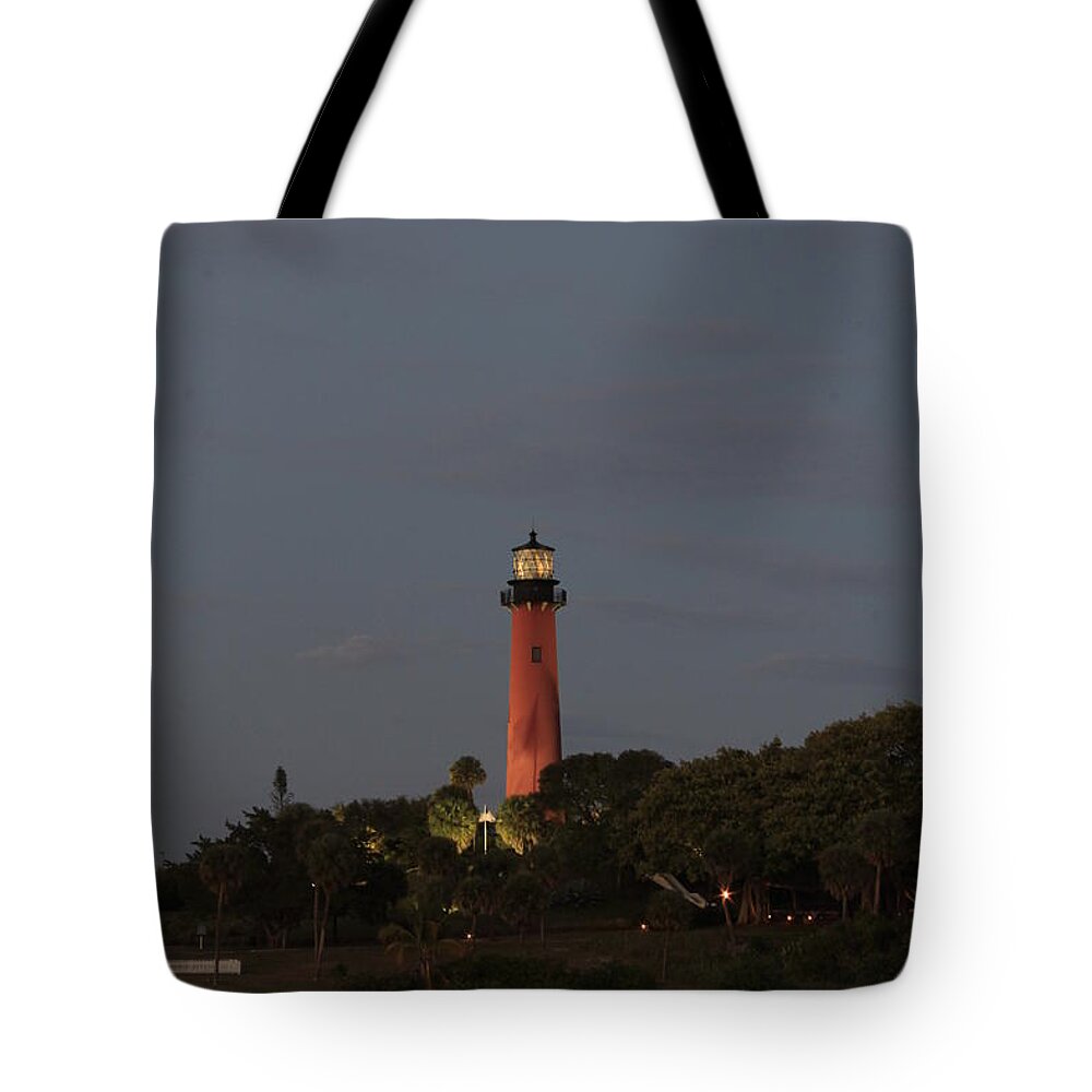 Jupiter Tote Bag featuring the photograph Night Lighthouse by Catie Canetti