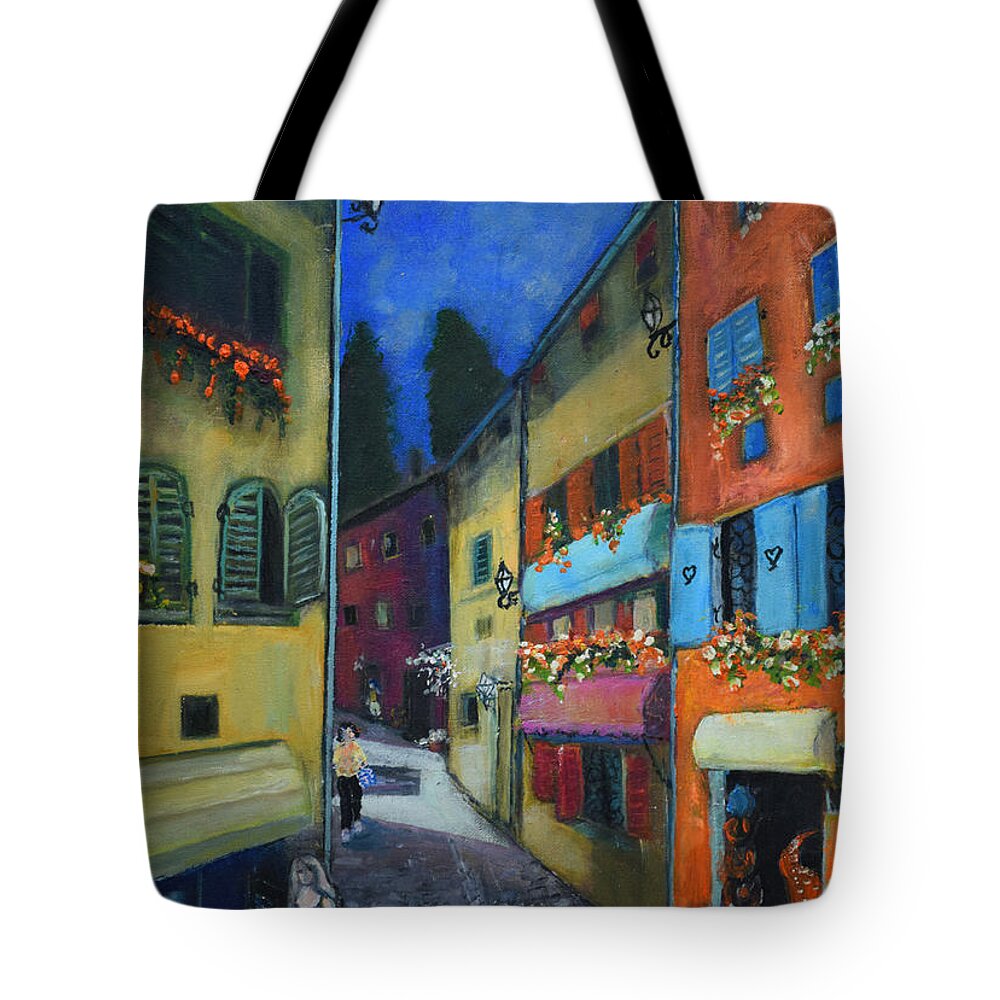 Raija Merila Tote Bag featuring the painting Night Street in Pula by Raija Merila