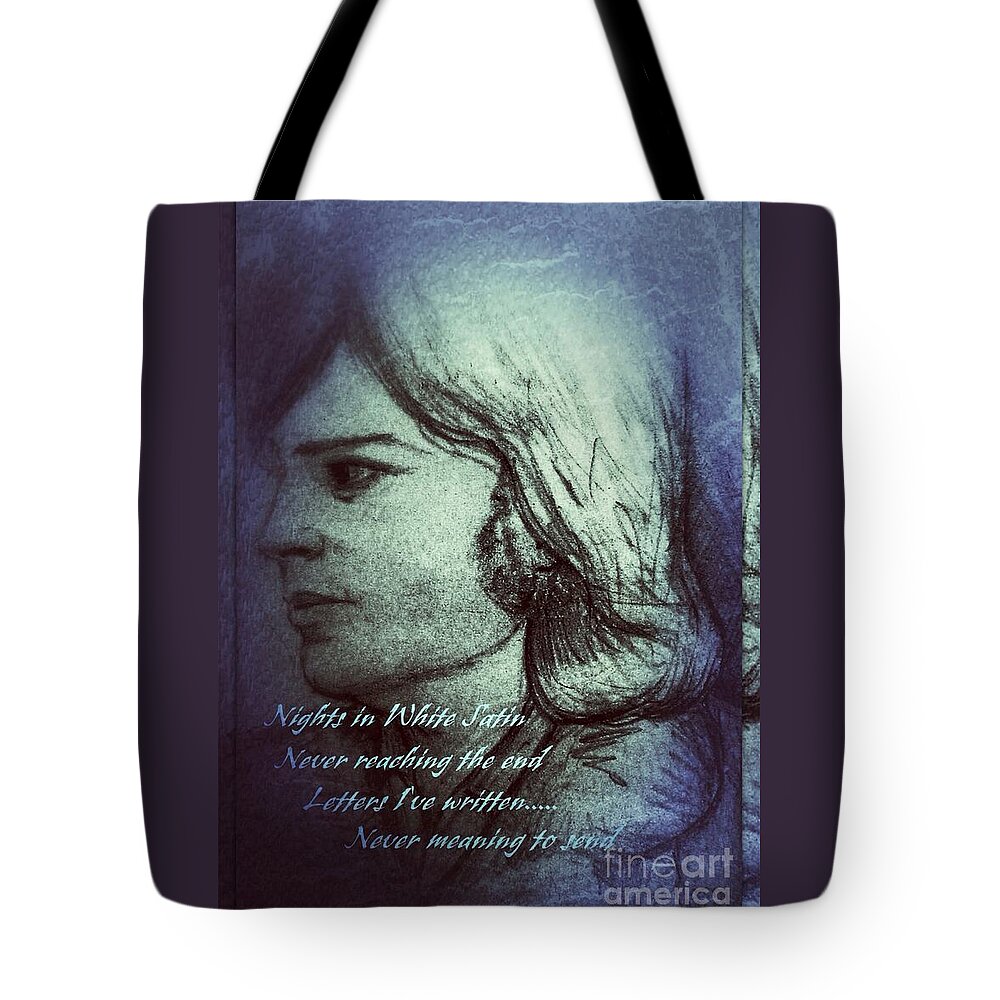 Justin Hayward Tote Bag featuring the drawing Nights in White Satin 2 by Joan-Violet Stretch