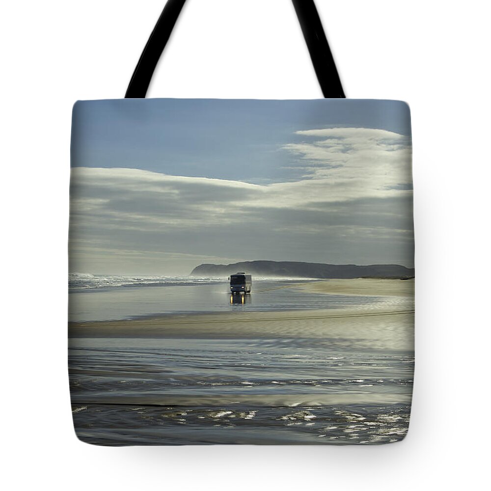 Ninety Mile Beach Tote Bag featuring the photograph Ninety Mile Beach New Zealand by Venetia Featherstone-Witty