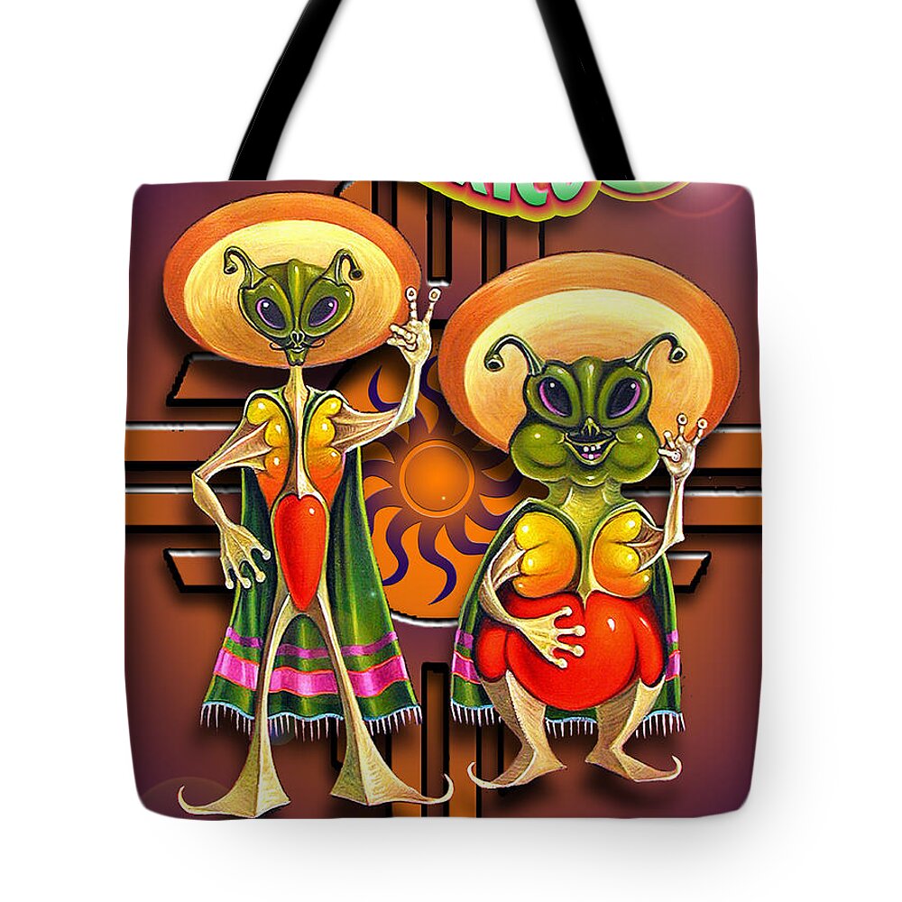 Ufo Tote Bag featuring the painting New Mexico Land of Aliens and Hot Chile by Ricardo Chavez-Mendez