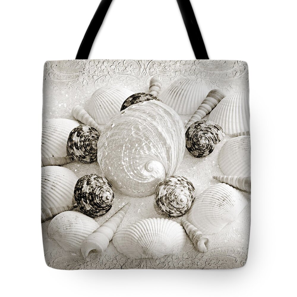Seashells Tote Bag featuring the photograph North Carolina Circle Of Sea Shells BW by Andee Design