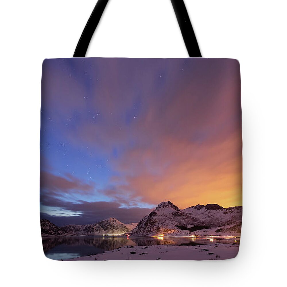 Scenics Tote Bag featuring the photograph Norway Lofoten At Night With Burning Sky by Spreephoto.de
