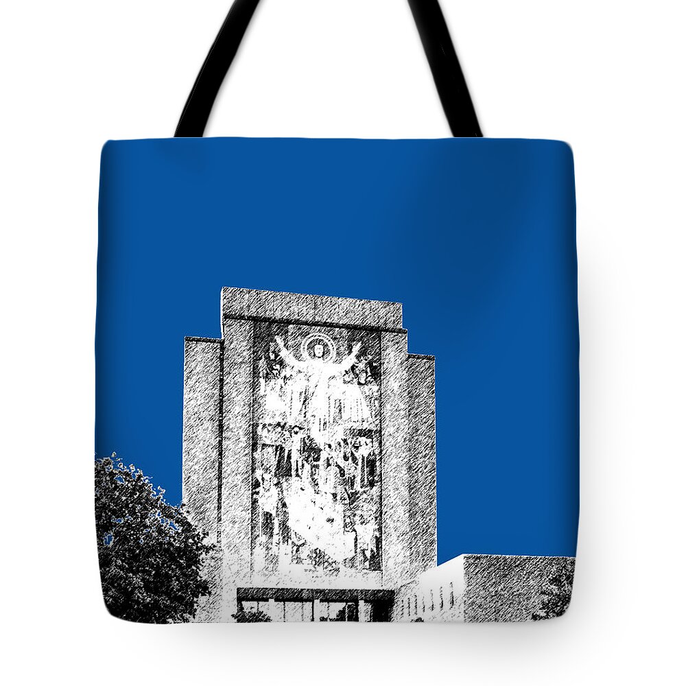 Architecture Tote Bag featuring the digital art Notre Dame University Skyline Hesburgh Library - Royal Blue by DB Artist