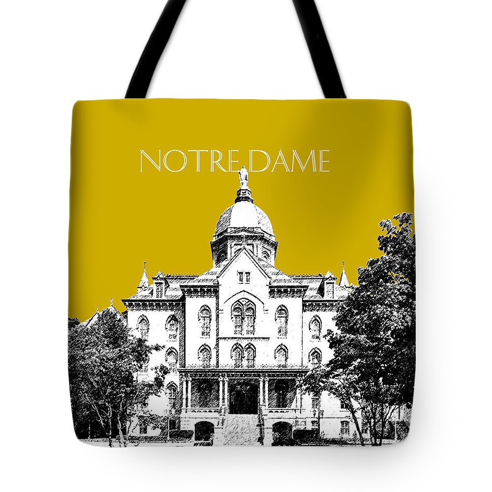 Architecture Tote Bag featuring the digital art Notre Dame University Skyline Main Building - Gold by DB Artist