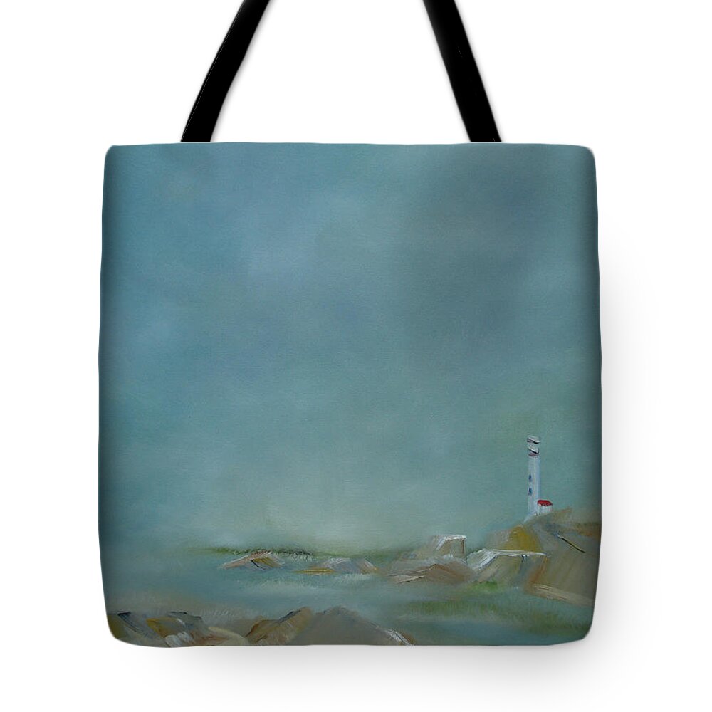 Lighthouse Tote Bag featuring the painting Nova Scotia Fog by Judith Rhue