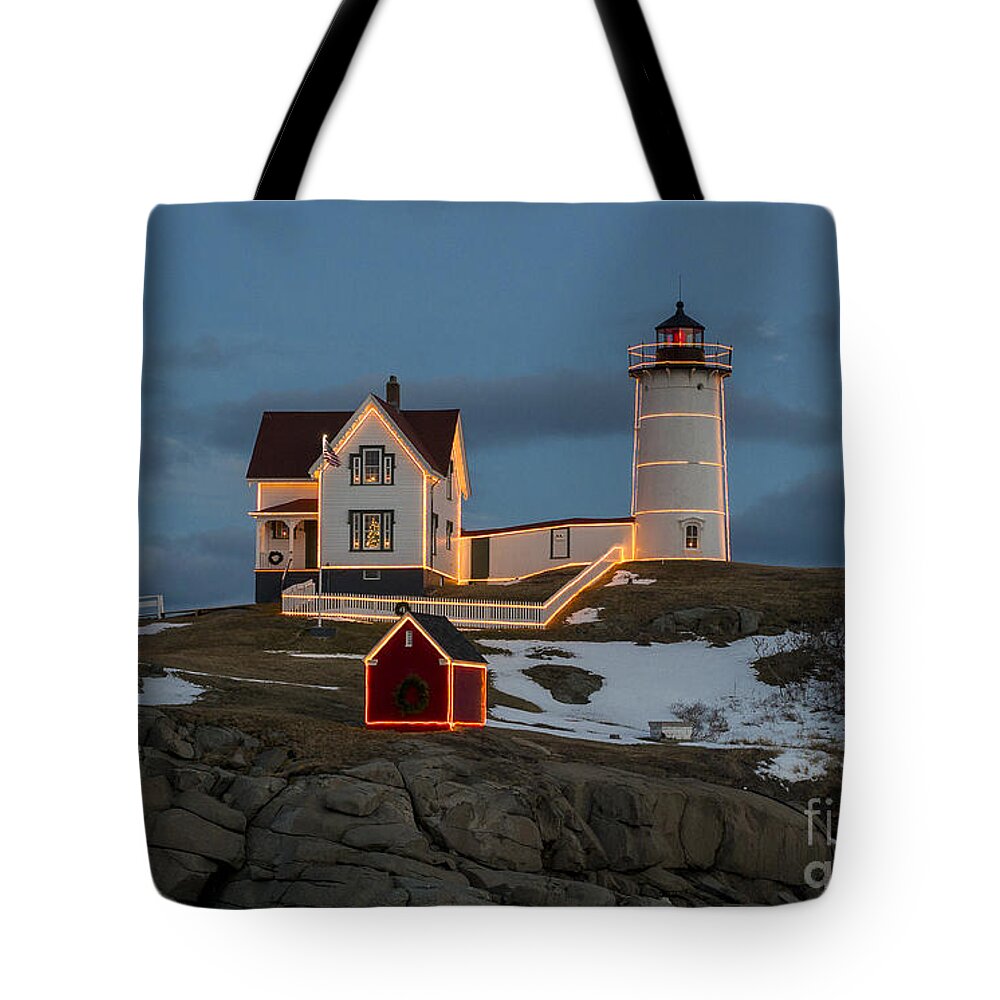 Lighthouse Tote Bag featuring the photograph Nubble lighthouse at Christmas by Steven Ralser