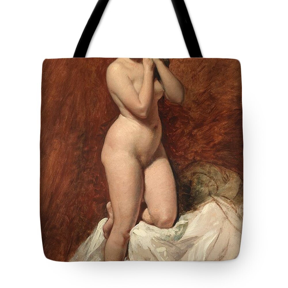Female; Nude; Full Length; Naked; Curves; Curvy; Woman; Standing; Coy; Front View Tote Bag featuring the painting Nude from the Front by William Etty