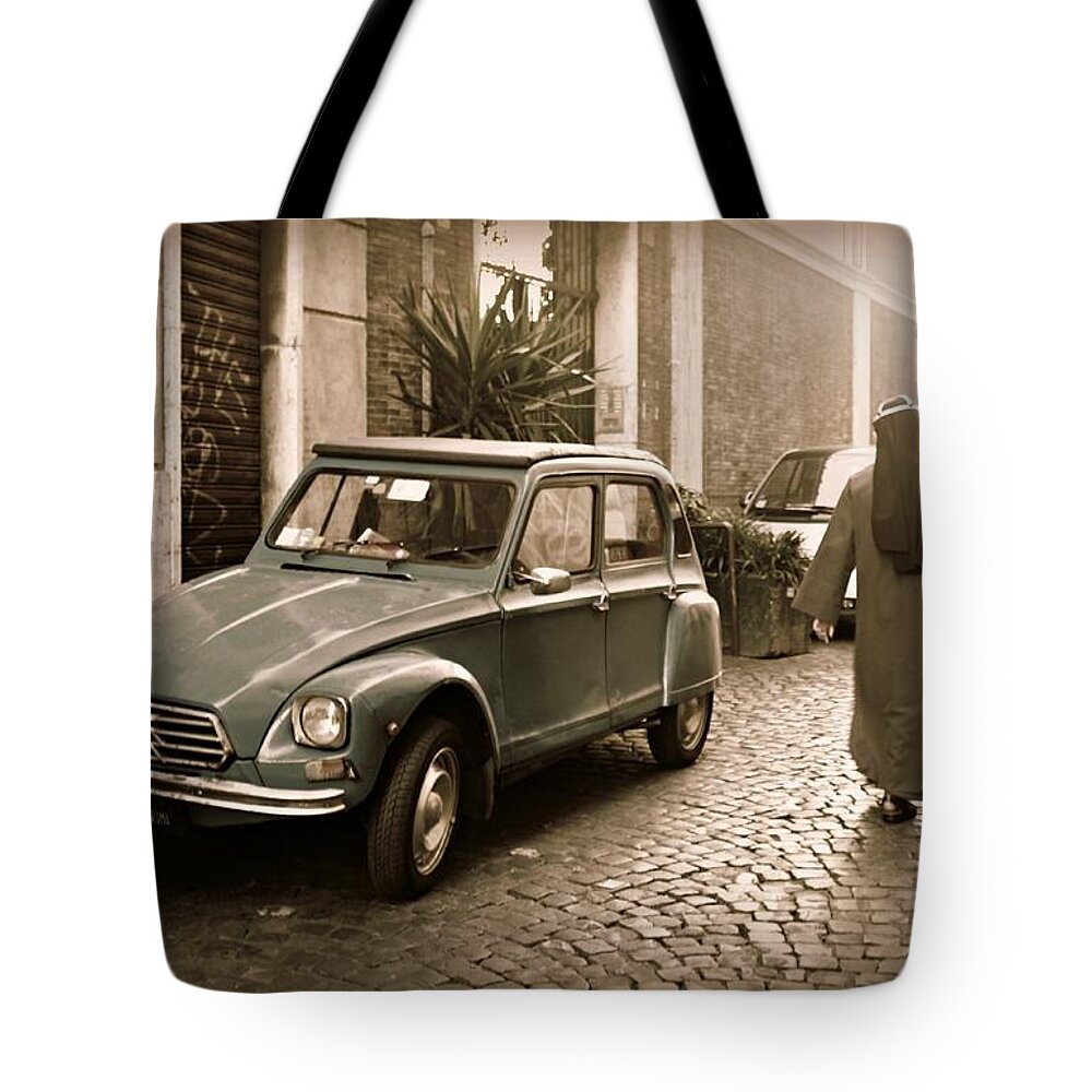 Classic Car Tote Bag featuring the photograph Nuns with Vintage Car by Steve Natale