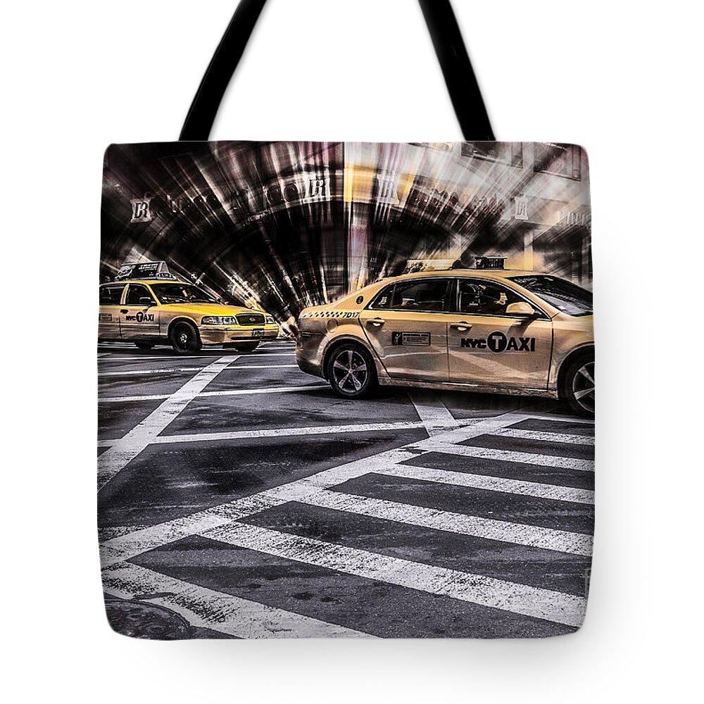 5th Tote Bag featuring the photograph NYC Yellow Cab on 5th Street - white by Hannes Cmarits