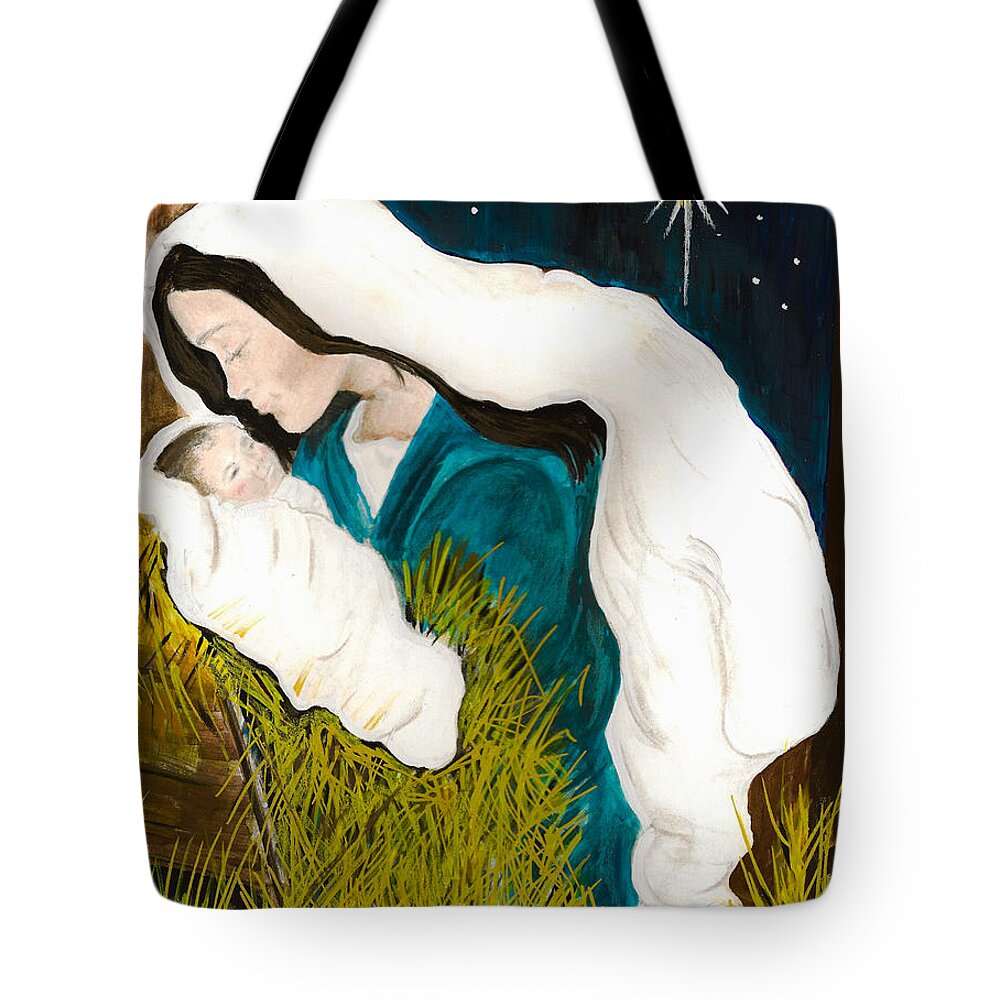 Mary And Baby Jesus Tote Bag featuring the painting Mary and Baby -O Holy Night -birth of Jesus by Jan Dappen