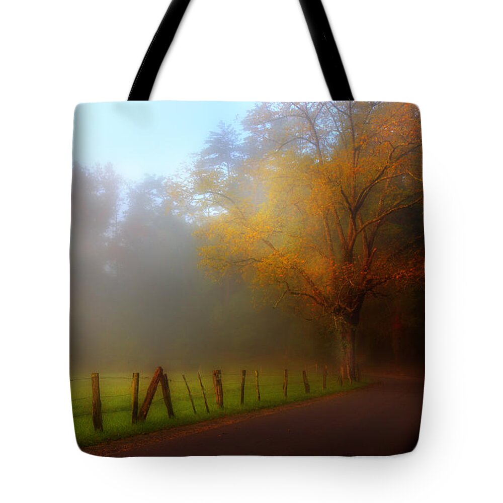 Cades Cove Tote Bag featuring the photograph October And Fog by Michael Eingle