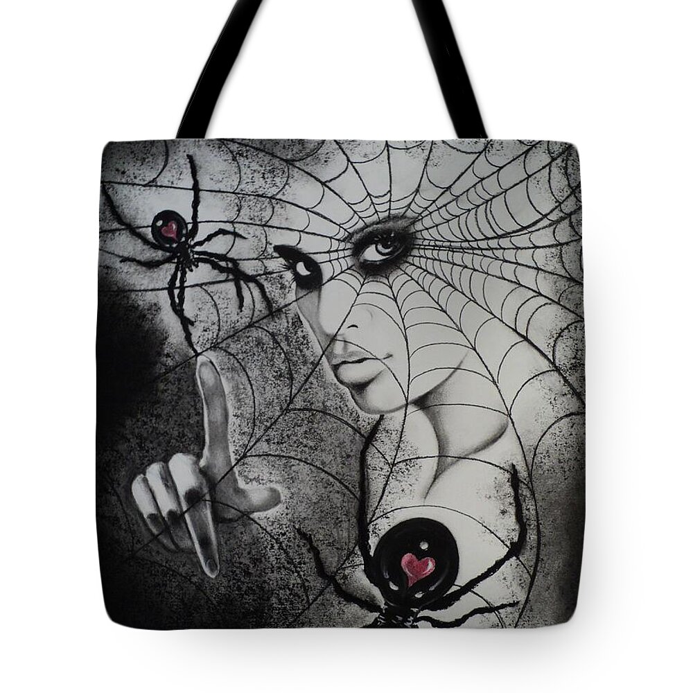 Spider Tote Bag featuring the drawing Oh What Tangled Webs We Weave by Carla Carson