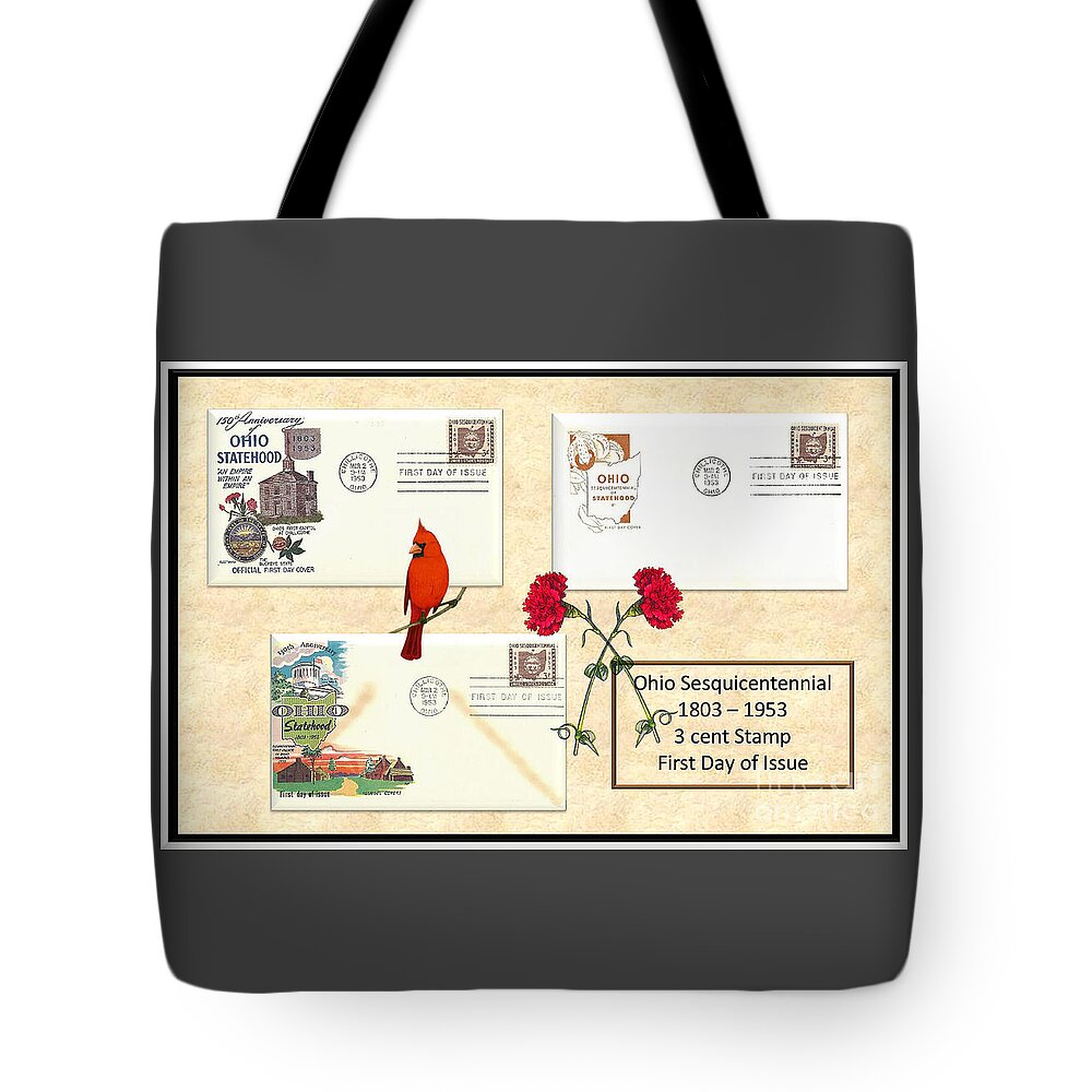 Ohio Tote Bag featuring the digital art Ohio Sesquicentennial First Day Covers by Charles Robinson