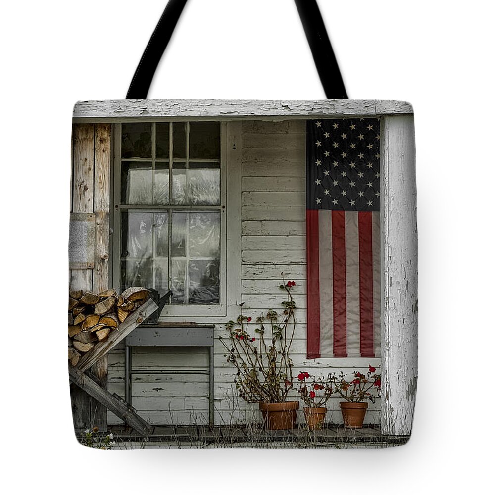 Flag Tote Bag featuring the photograph Old Apple Orchard Porch by Erika Fawcett