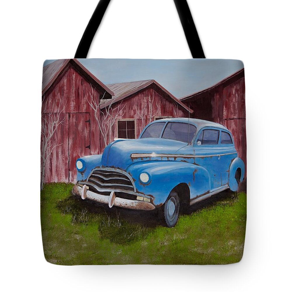 Car Tote Bag featuring the painting Old barn clunker by Alex Izatt