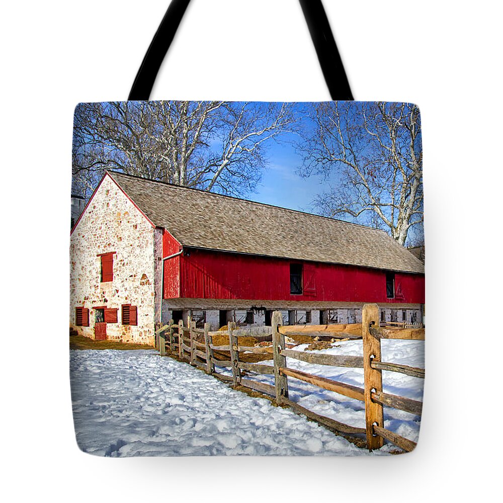 Old Barn In Winter Tote Bag featuring the photograph Old Barn in Winter by Carolyn Derstine