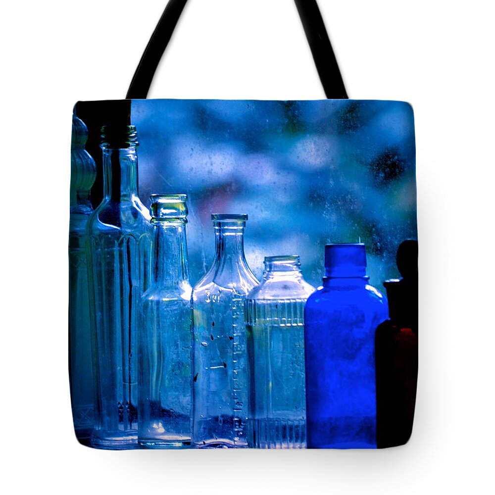 Hawaii Tote Bag featuring the photograph Old Blue Glass Bottles in the Window... by Lehua Pekelo-Stearns