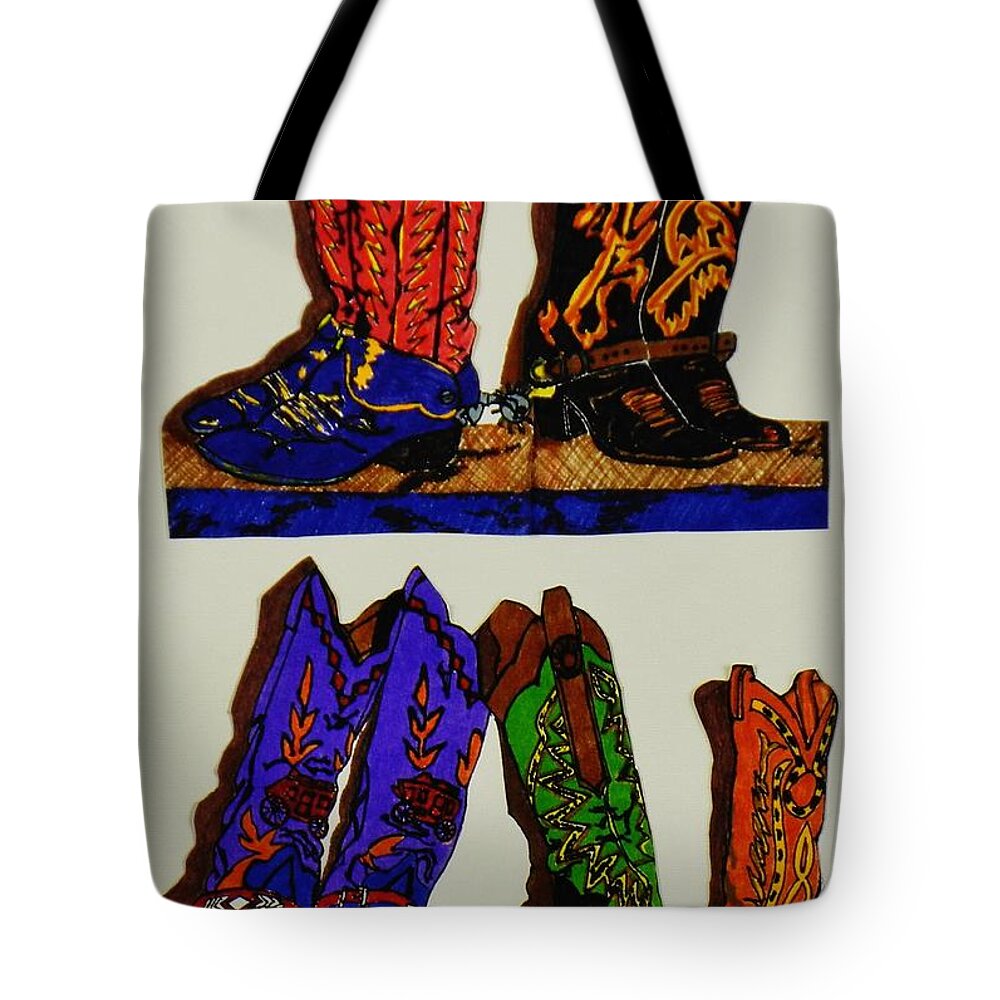 Cowboy Boots Drawing Tote Bag featuring the drawing Old Boots by Celeste Manning