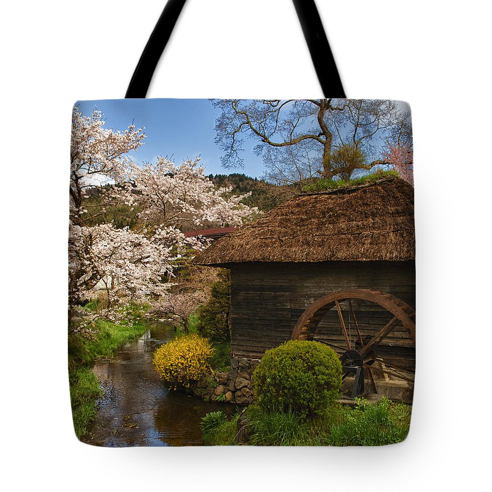 Cherry Blossom Tote Bag featuring the photograph Old Cherry Blossom Water Mill by Sebastian Musial