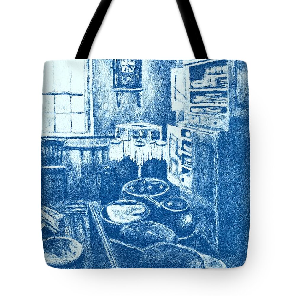 Lithograph Tote Bag featuring the drawing Old Fashioned Kitchen in Blue by Kendall Kessler
