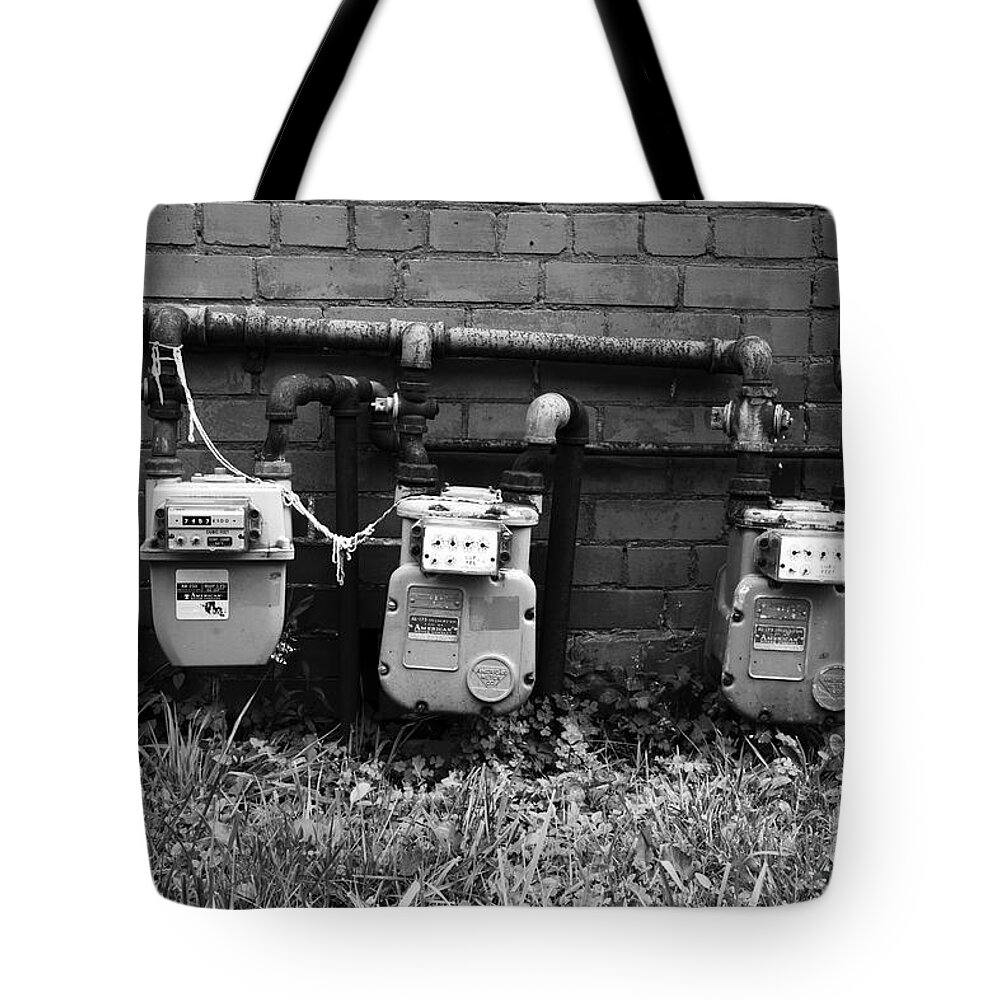 Gas Meter Tote Bag featuring the photograph Old Gas Meters by James Brunker