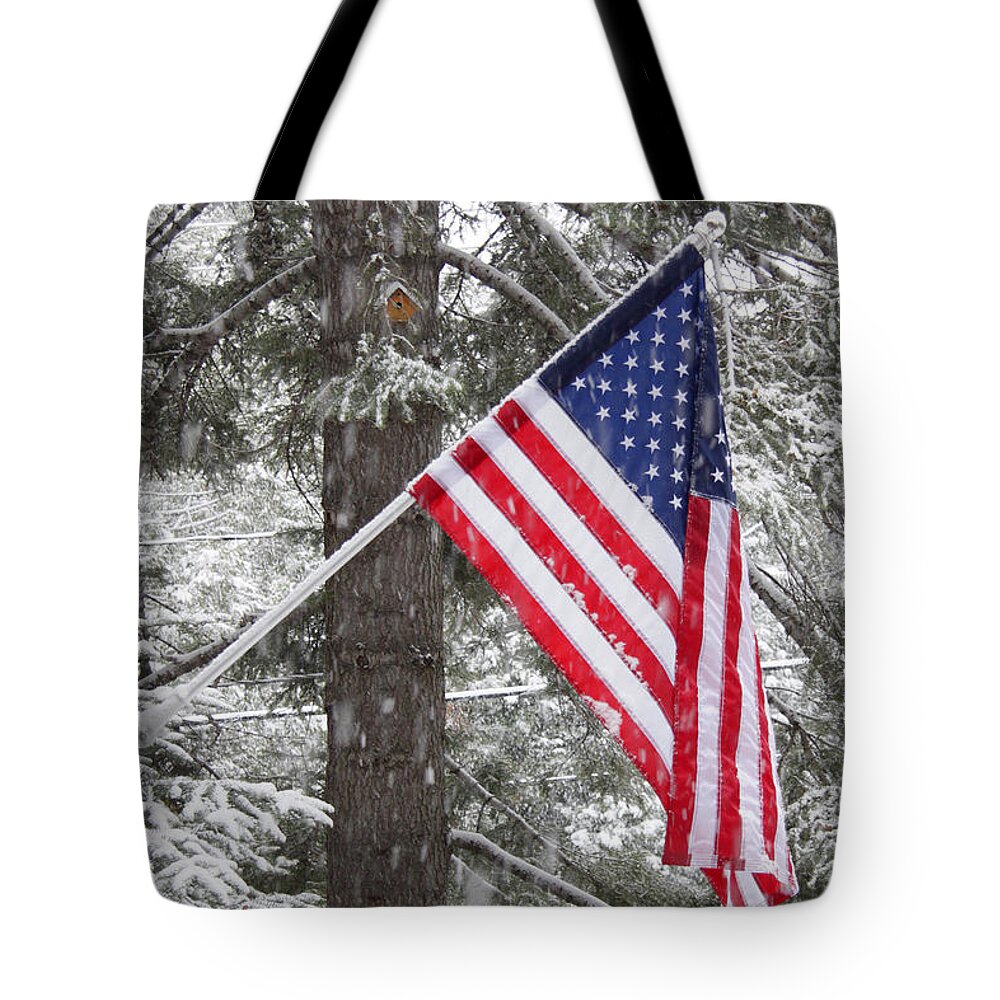 Winter Tote Bag featuring the photograph Old Glory in Winter and During a Snowstorm by Kenny Bosak
