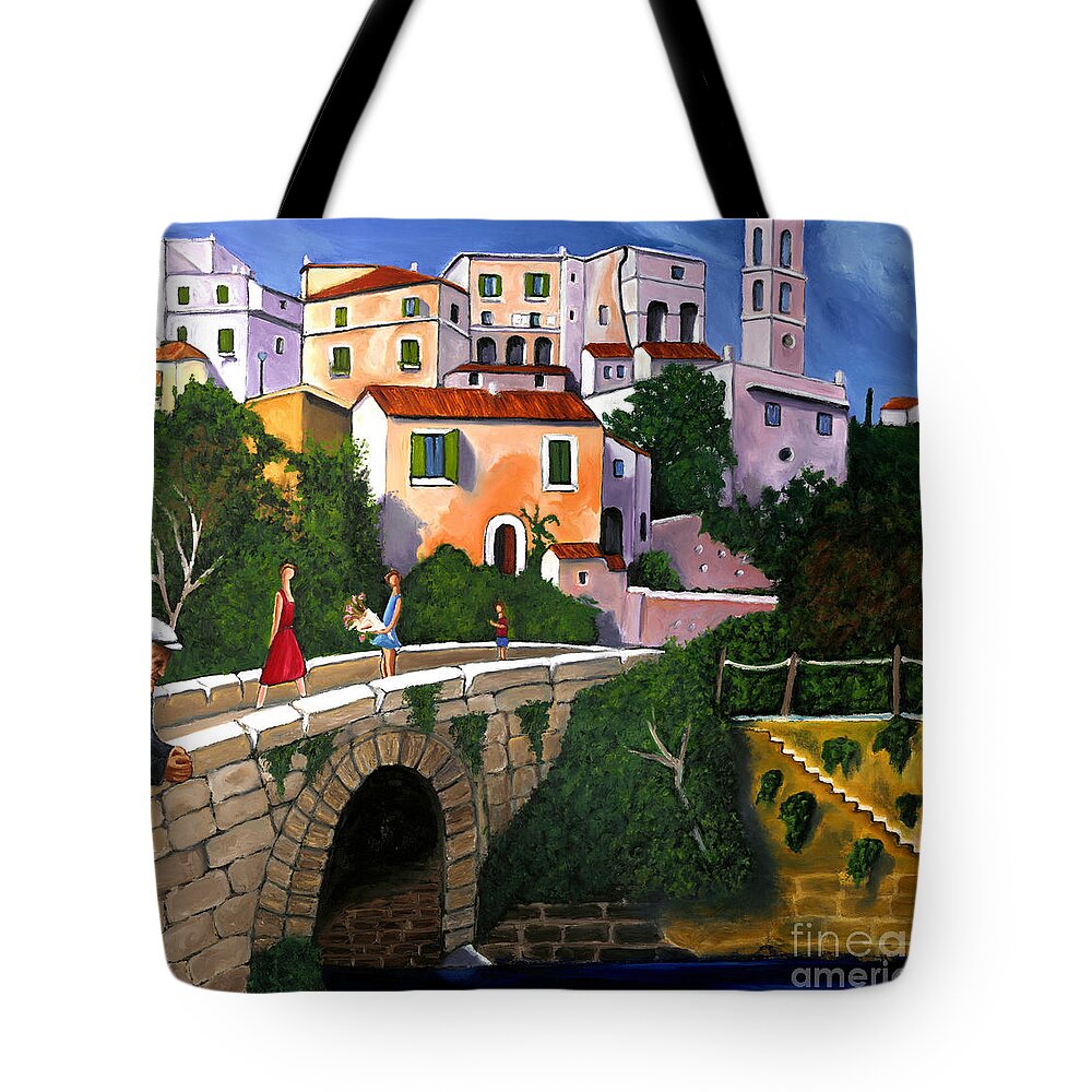 Mediterranean Art Tote Bag featuring the painting Old Man On Bridge by William Cain