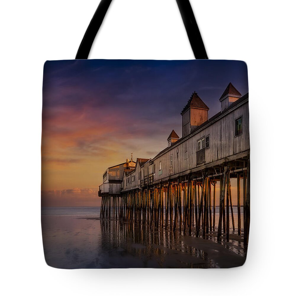 Old Orchard Beach Tote Bag featuring the photograph Old Orchard Beach Pier Sunset by Susan Candelario
